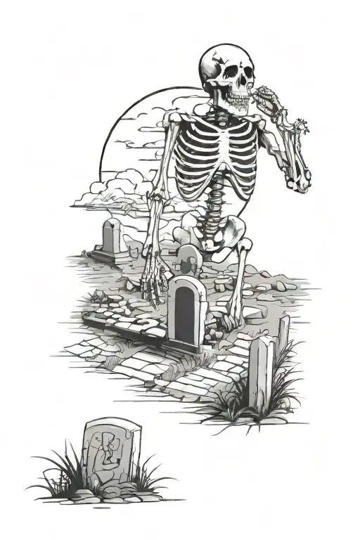 cemetery with a skeleton coming out of the dirt tattoo design idea