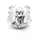 Skeleton sitting with his knees up reading a book against atree tattoo design idea