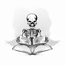 Skeleton sitting with his knees up reading a book against atree tattoo design idea