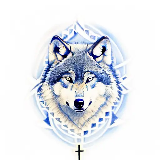 A wolf with a cross in the middle (on its forehead), the wolf should look at you head-on and have blue eyes, at the same tattoo design idea