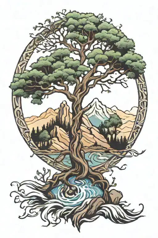 mountains, stream, and tree of life intertwined tattoo design idea