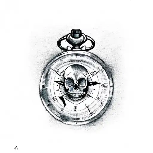 Skull with compass and pocket watch tattoo design idea