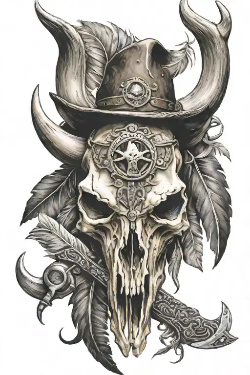bull skull with feathers and western tool leather tattoo design idea