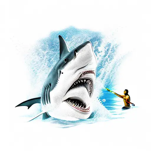 An underwater scene with a shark hunting its prey while a diver with a spear is ready to strike tattoo design idea