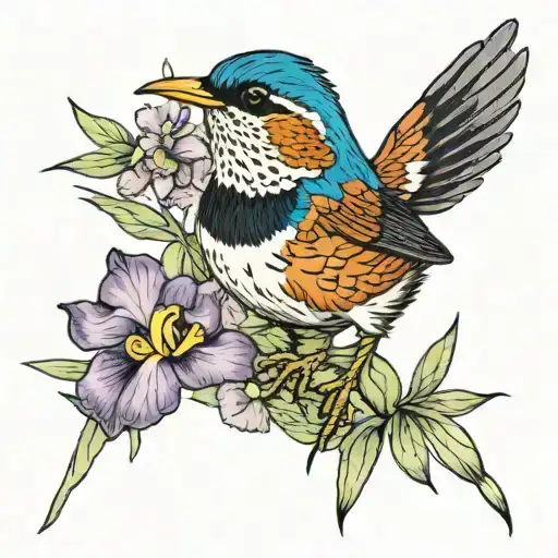 wren with iris flower surrounded tattoo design idea
