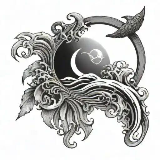 An intricate design combining the elements of sun, ocean, earth, and waves tattoo design idea