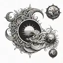 An intricate design combining the elements of sun, ocean, earth, and waves tattoo design idea