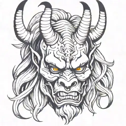 full oni mask with horns, tusks and white long hair tattoo design idea