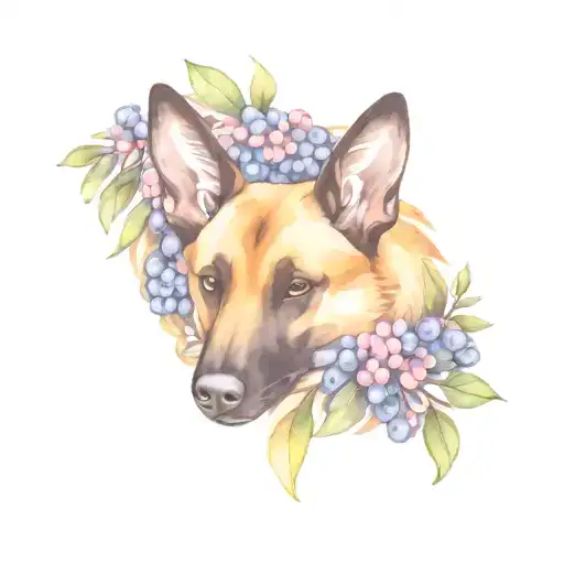 Belgian malinois curled up in a ball sleeping in a blueberry bush with their tail curled up like a fox. tattoo design idea
