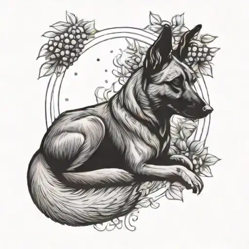 Belgian malinois curled up in a ball sleeping in a blueberry bush with their tail curled up like a fox. tattoo design idea