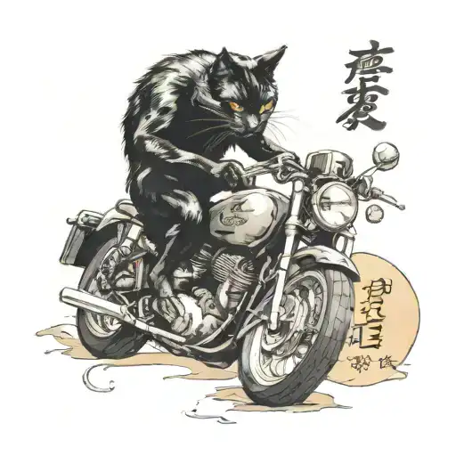 black cat eating a notebook with kanji written on it while riding a motorcycle tattoo design idea