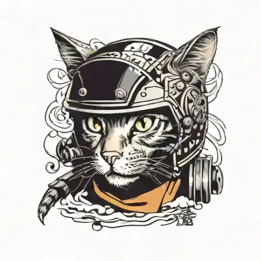 Cat with motorcycle helmet eating a notebook with kanji written on it  tattoo design idea