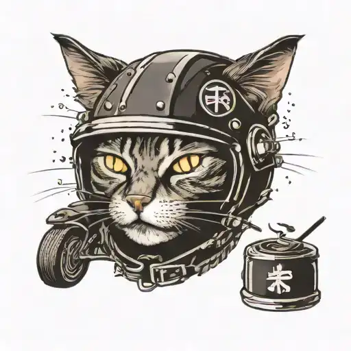 black sleep deprived cat wearing motorcycle helmet eating notebook with kanji written tattoo design idea