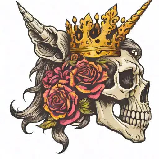 unicorn skull wearing a crown tattoo design idea