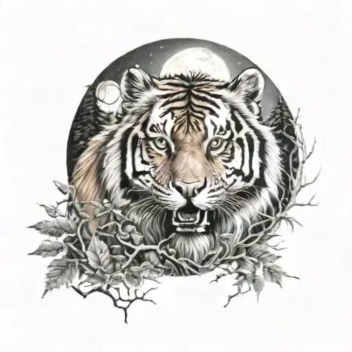 night forest scene, male tiger, wolf, fullmoon, red tailed hawk tattoo design idea