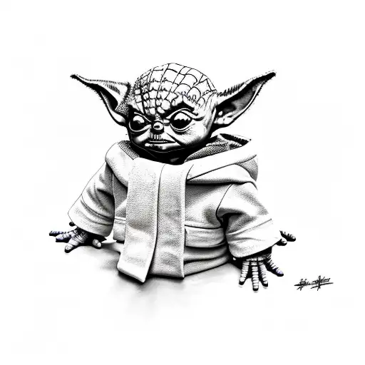 Black and Grey Baby Yoda Tattoo Idea - BlackInk AI