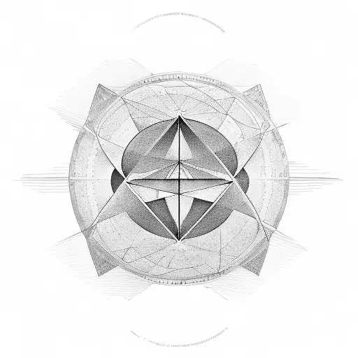 An abstract representation of the flat earth concept, incorporating geometric shapes and symbols, reflecting the client's interest in philosophy and questioning traditional beliefs. tattoo design idea