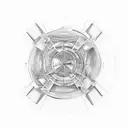 An abstract representation of the flat earth concept, incorporating geometric shapes and symbols, reflecting the client's interest in philosophy and questioning traditional beliefs. tattoo design idea