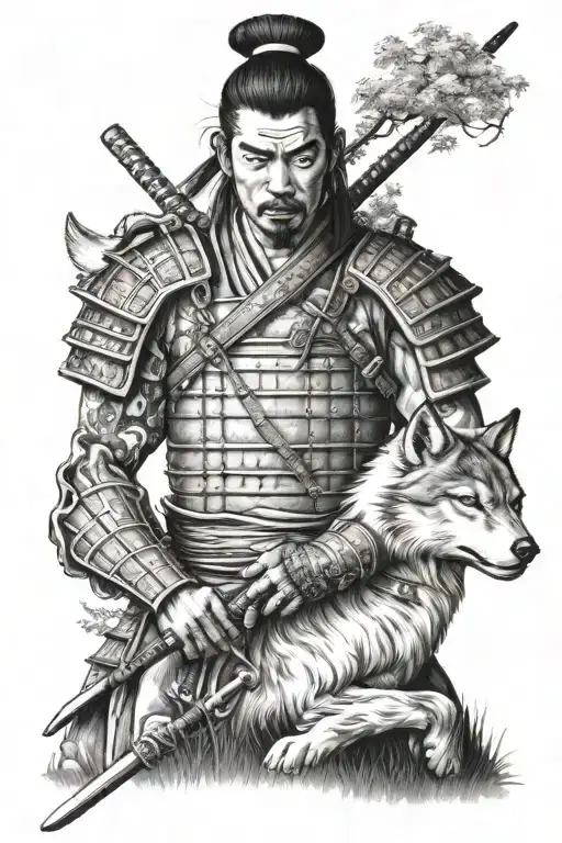 samurai warrior in a Japanese garden with a wolf tattoo design idea