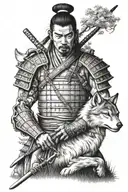 samurai warrior in a Japanese garden with a wolf tattoo design idea