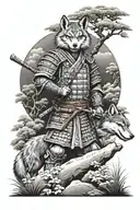 samurai warrior in a Japanese garden with a wolf tattoo design idea