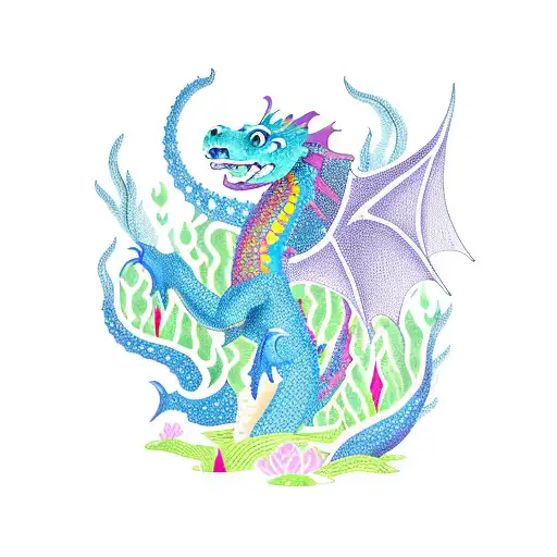 A mystical dragon rising from the depths of the ocean, surrounded by vibrant underwater plants and flowers tattoo design idea