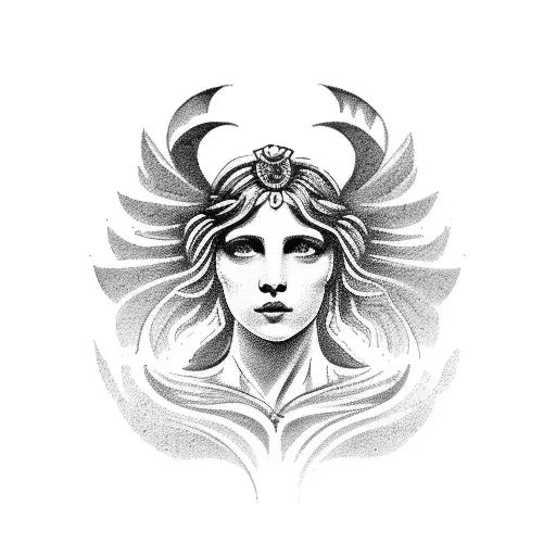 A tattoo design combining the symbol of love with the image of Melpomene, the Greek muse of tragedy. tattoo design idea