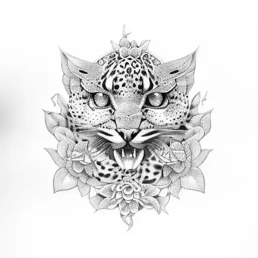An intricate design of intertwined flowers and leopard print forming the shape of a bird tattoo design idea