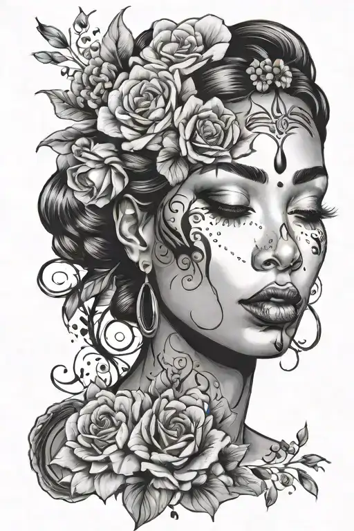 black godess, colored flowers, crying tears flowing, index finger on lips tattoo design idea