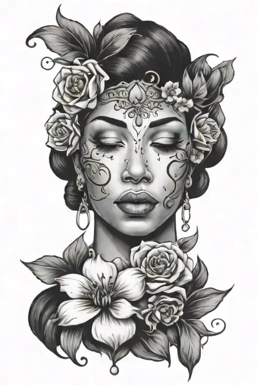 black godess, flowers, crying tears down face tattoo design idea