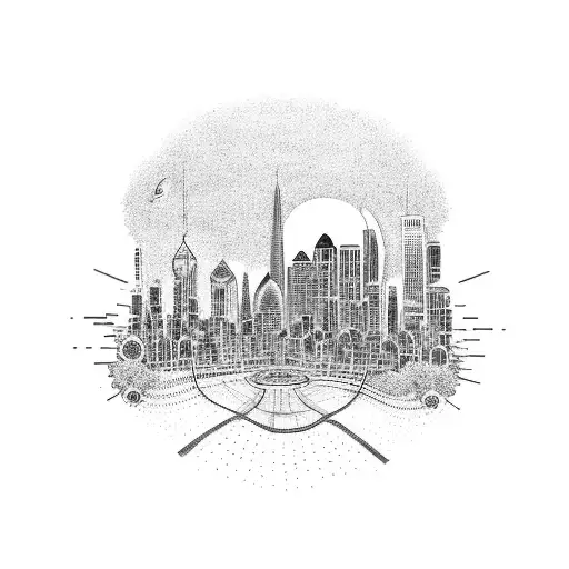 A dotwork tattoo of a city skyline with a winding road running through it, representing the client's passion for city driving tattoo design idea