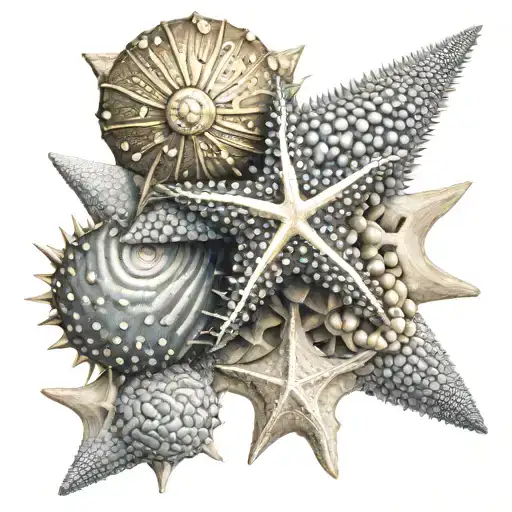 sea urchin star fish and sea shell turn golden ratio tattoo design idea