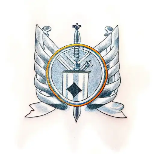 A minimalist tattoo of a Germanic helmet with crossed rifles behind it, representing your occupation in the US Army. tattoo design idea