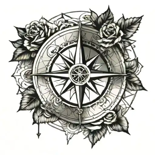 travel, wanderlust, rose, compass, ambition, north star tattoo design idea
