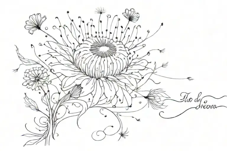 "it was all a bad dream." written in cursive with a dandelion and whimsical elements next to it.  tattoo design idea