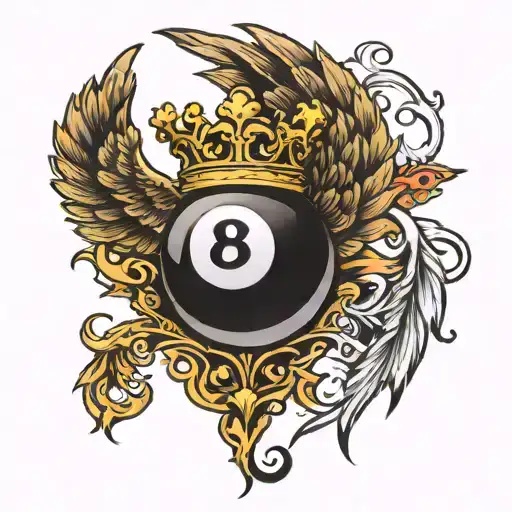 billiard 8 ball with a golden crown and wings behind tattoo design idea