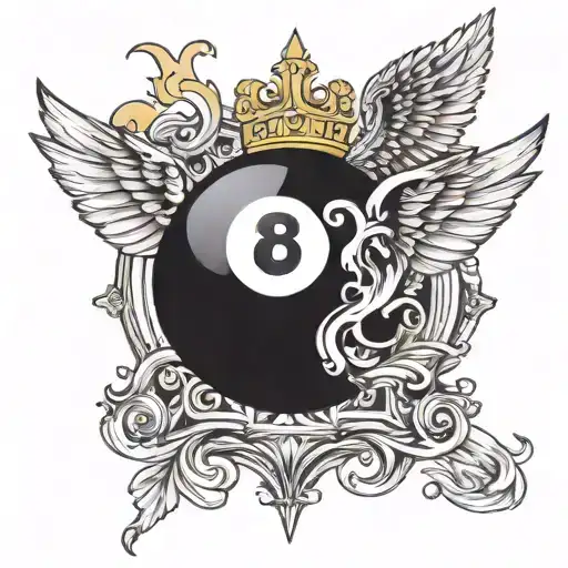 billiard 8 ball with a golden crown and wings behind tattoo design idea