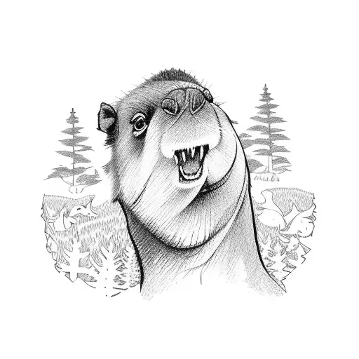 A hiking trail winding through a forest with a capybara, camel, bulldog, and turkey vulture along the path tattoo design idea