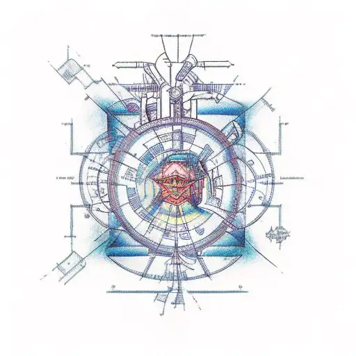 An engineer's blueprint revealing the hidden connections of quantum entanglement tattoo design idea