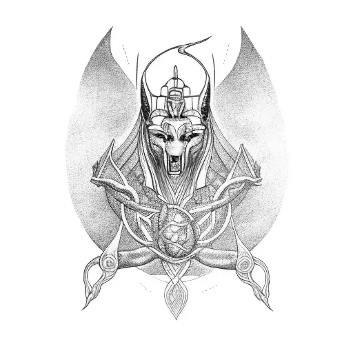 An ethereal Yggdrasil intertwined with the scales of justice, with Anubis as the balance keeper tattoo design idea