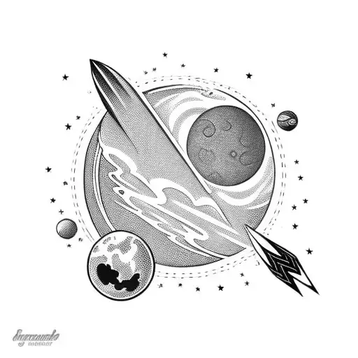 Planet Tattoo With Tiny Rocket, black and white, cute And Simple, 90'S Style tattoo design idea