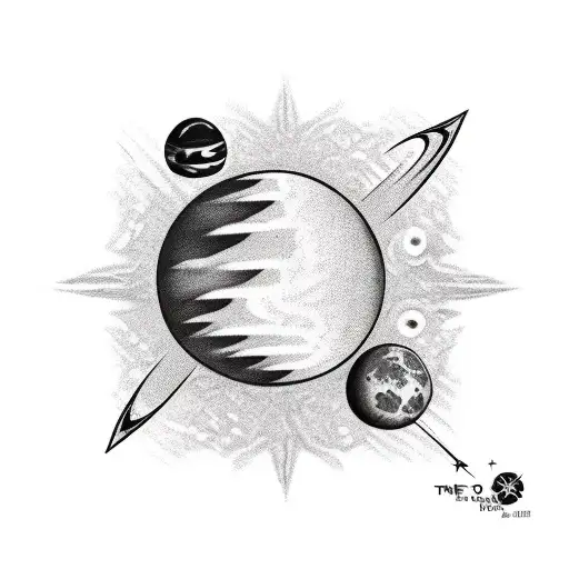 Planet Tattoo With Tiny Rocket, black and white, cute And Simple, 90'S Style tattoo design idea