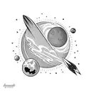 Planet Tattoo With Tiny Rocket, black and white, cute And Simple, 90'S Style tattoo design idea