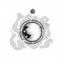 Planet Tattoo With Tiny Rocket, black and white, cute And Simple, 90'S Style tattoo design idea