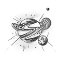 Planet Tattoo With Tiny Rocket, black and white, cute And Simple, 90'S Style tattoo design idea