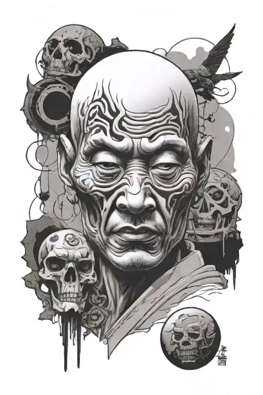 Hoichi the earless face from kwaidan with japanese graveyard and floating orbs tattoo design idea