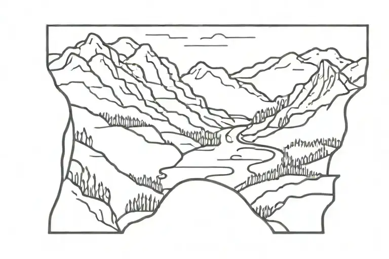 Overlook with river running through a valley and mountains in the background tattoo design idea