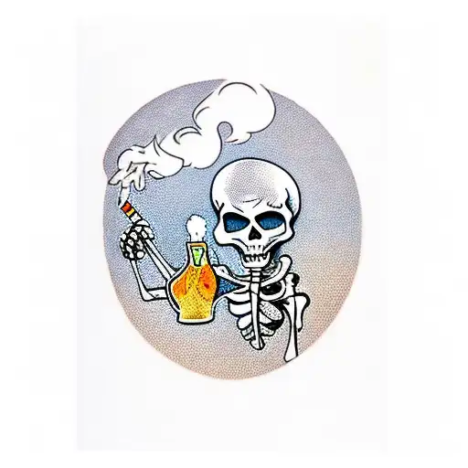 Skeleton drinking beer while smoking a cigarette  tattoo design idea