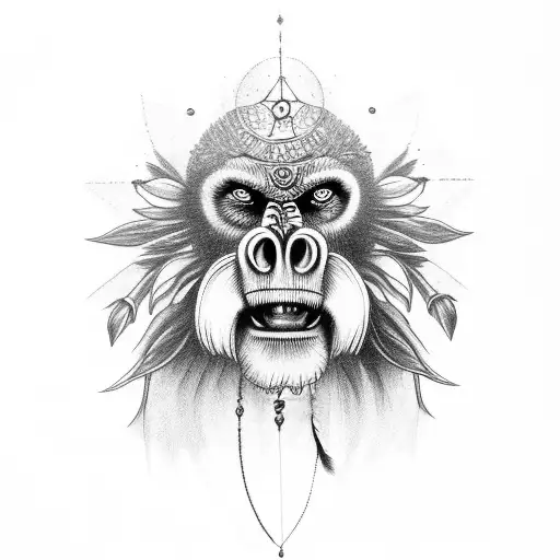 agressive mandrill with dream catcher holding in its teeth tattoo design idea