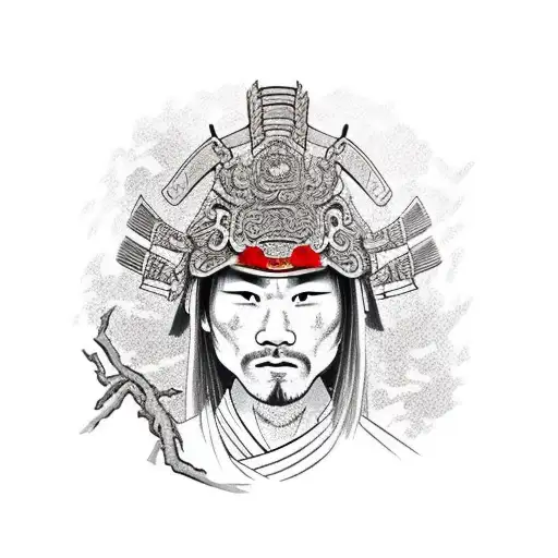 Samurai with Broken mask in front of a cherry blossom tree  tattoo design idea